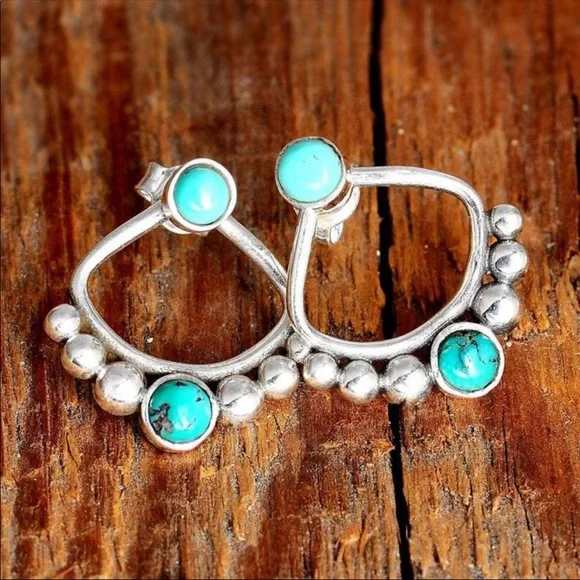 “Native Dreamer” Turquoise Antique Sterling Silver Vintage Stud Bohemian Earring - Picture 6 of 6